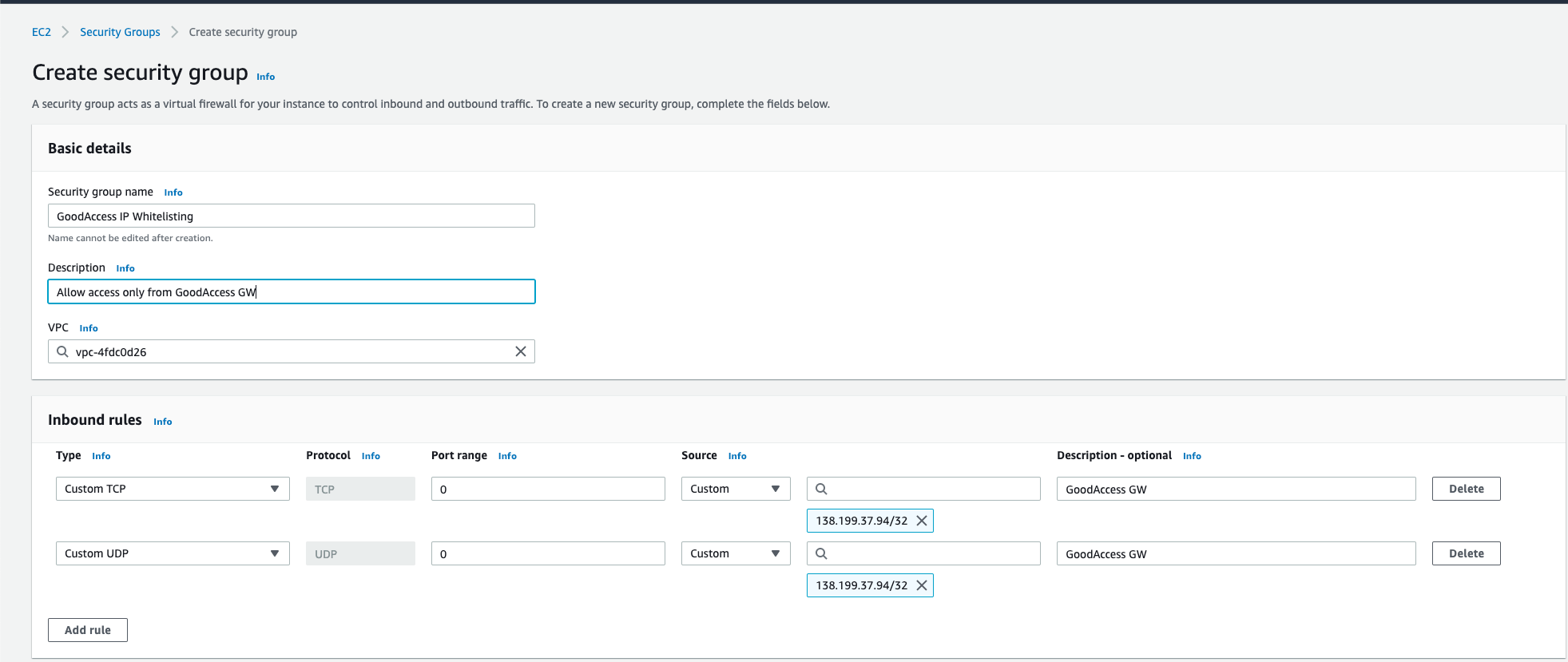 GoodAccess Security group settings