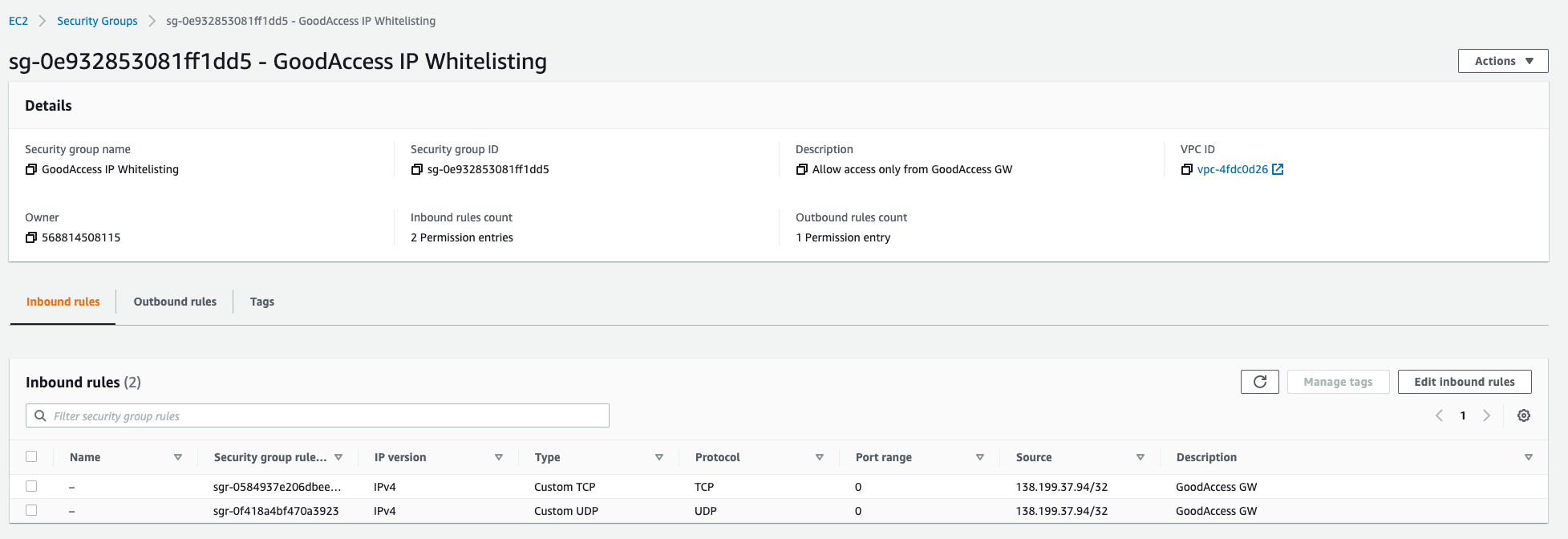 Amazon AWS settings of GoodAccess VPN Gateway